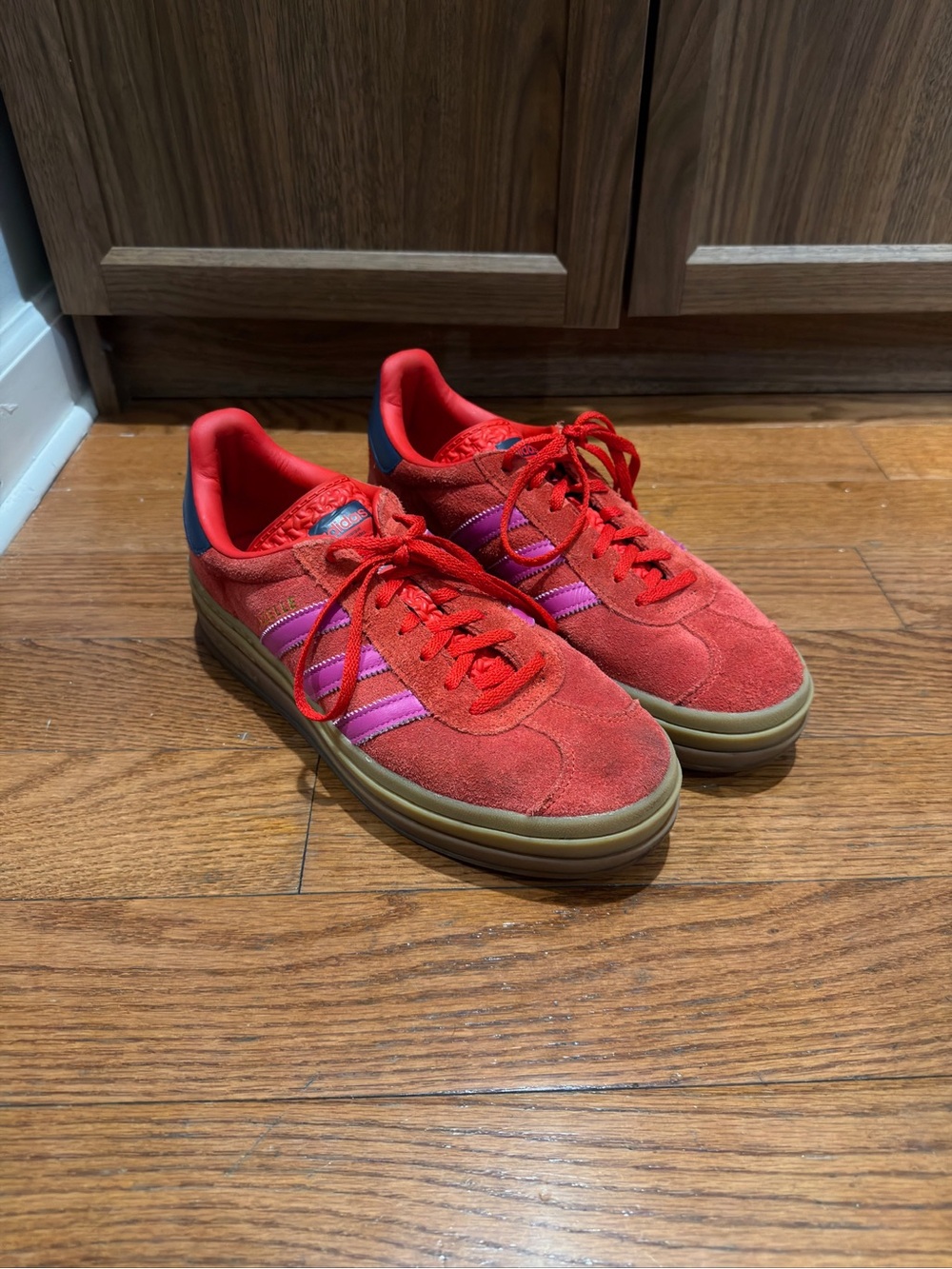 adidas Women’s Red Suede Sneakers with Pink Stripes and Gum Sole